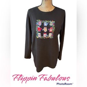 Westbound Long Sleeve Black CHRISTMAS Tee Embroidered Decorated Mittens